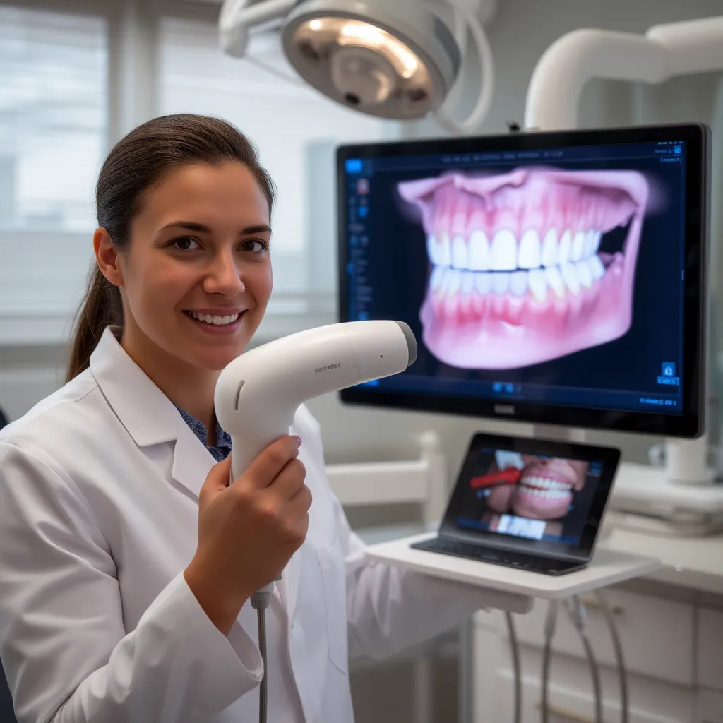 Odontologia Minimamente Invasiva: A Revolução do Cuidado Odontológico 1 dentista segurando câmera intraoral com scanner da boca em 3D na tela do computador