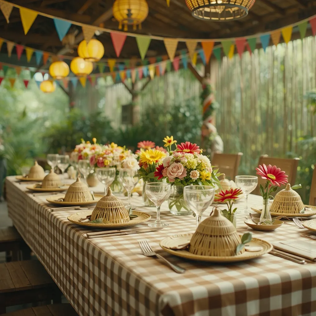 Mesa de Festa Junina: Como Decorar com Estilo 34 Decoração para mesa de festa junina com chita, chapéus de palha e bandeirinhas.